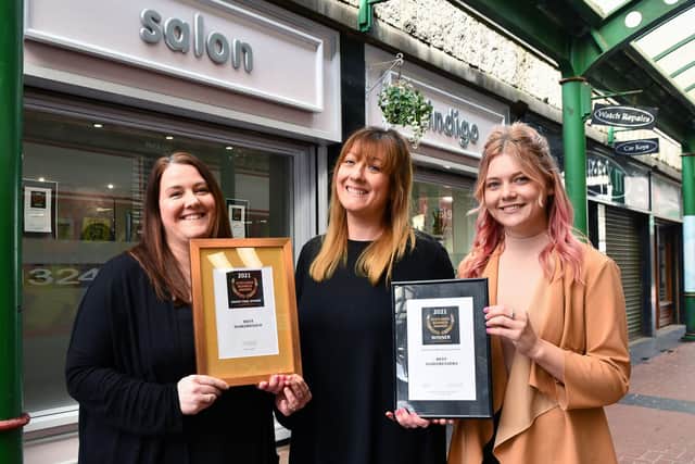 Salon Indigo, won Best Hairdresser at Scottish Business Awards. Pictured: Marianne Champniss, stylist; Leah McAvoy, owner and Emma Robertson, junior stylist. Pic: Michael Gillen