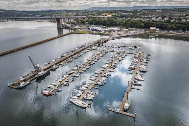 Walkers crossing the Queensferry Crossing, South Queensferry. Aerial photo from drone camera. Credit: Sail Scotland / Airborne Lens)