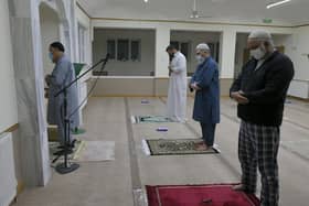 Iman, Hafiz Sher Muhammad leads the first congregational service of the day Farj prayer since lockdown at Falkirk Islamic Centre.  Pic: Michael Gillen