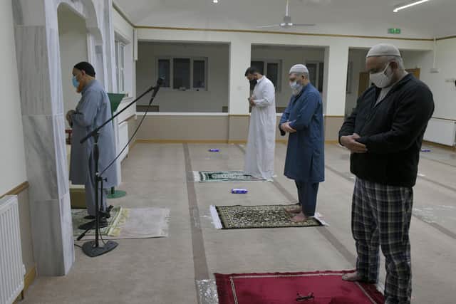 Iman, Hafiz Sher Muhammad leads the first congregational service of the day Farj prayer since lockdown at Falkirk Islamic Centre.  Pic: Michael Gillen