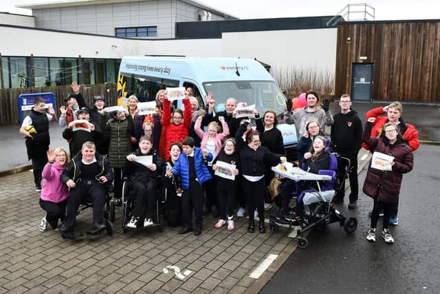Presentation of a new Variety Sunshine Coach, minibus to the school, with headteacher Janine Proudlock, Headteacher; Iain Forbes, vice chair of Variety Scotland; Lisa McCreadie and Jenyfer Beardsley, St James's Place Charitable Foundation; and delighted pupils. Pic: Michael Gillen