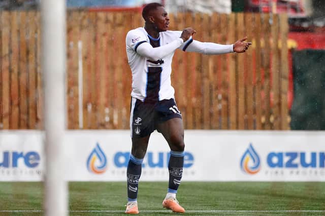 Alfredo Agyeman calls for a penalty after being hauled down during Falkirk's 2-0 win at Hamilton Accies (Photo: Michael Gillen)