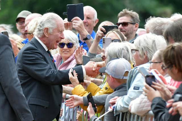 His Majesty King Charles took time to speak to the crowd gathered at Kinneil House hoping to catch a glimpse of the monarch.  (Pic: Michael Gillen)