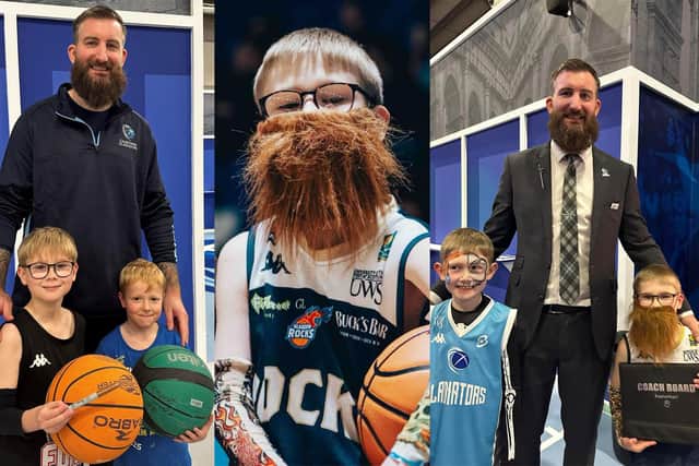 Left, Max Philliban, 10, and brother Connor, six, pictured with head coach Gareth Murray; centre Max dressed as the head coach and right; Max and his friend Jake Ritchie pictured with head coach Gareth Murray while dressed as him.  (pic: contributed)