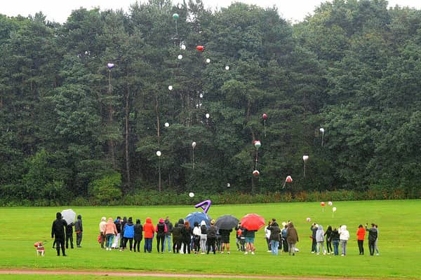 Balloon release remembering Amy Rose Wilson who died on July 29 in a car crash on New Carron Road. Pic: Michael Gillen