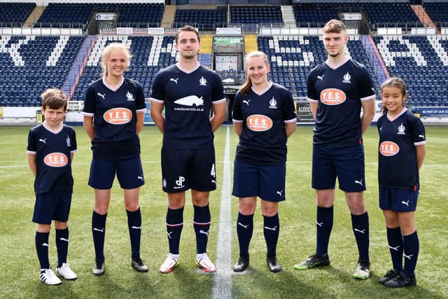 Falkirk's recent signing Stephen McGinn poses in the new home kit adorning new sponsor Crunchy Carrots, while Oliver Stewart, Megan Black, Eva Rule, Fraser Brown and Francesca Dawson show off the Your Equipment Solutions sponsored kit for the Foundation's sides (Photos: Michael Gillen)