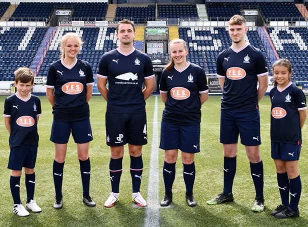 Falkirk's recent signing Stephen McGinn poses in the new home kit adorning new sponsor Crunchy Carrots, while Oliver Stewart, Megan Black, Eva Rule, Fraser Brown and Francesca Dawson show off the Your Equipment Solutions sponsored kit for the Foundation's sides (Photos: Michael Gillen)