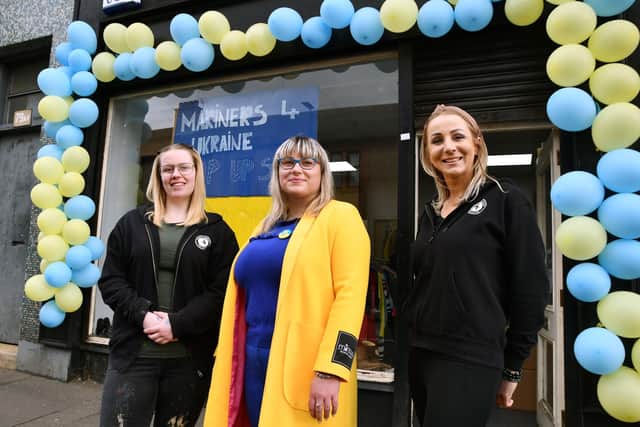 Leigh Young, shop manager Economy Autopaint 2 Ltd, Paulina Piotrowska, Mariners 4 Ukraine and Aleksandra Hus, owner Economy Autopaint 2 Ltd. Pic: Michael Gillen