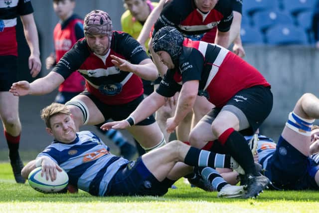 EDINBURGH, SCOTLAND - APRIL 27: Falkirk's Harry Russell scores a try during the Silver Saturday men's national league cup final between Falkirk RFC and Lasswade RFC at Scottish Gas Murrayfield, on April 27, 2024, in Edinburgh, Scotland.  (Photo by Paul Devlin / SNS Group)