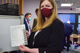 Central Scotland MSP Gillian MacKay with a Tactile Voting Device at the event at Forth Valley Sensory Centre.