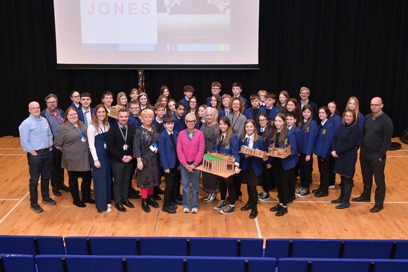 Anna Campbell Jones with pupils, staff and guests.