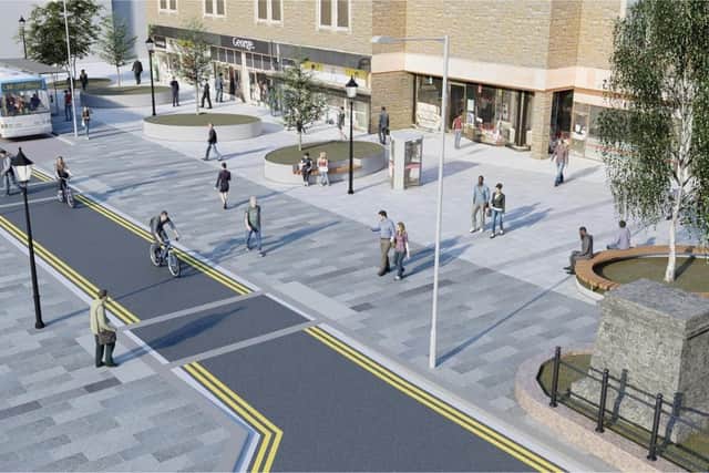 An artist's impression of the public realm work in Newmarket Street looking towards Asda