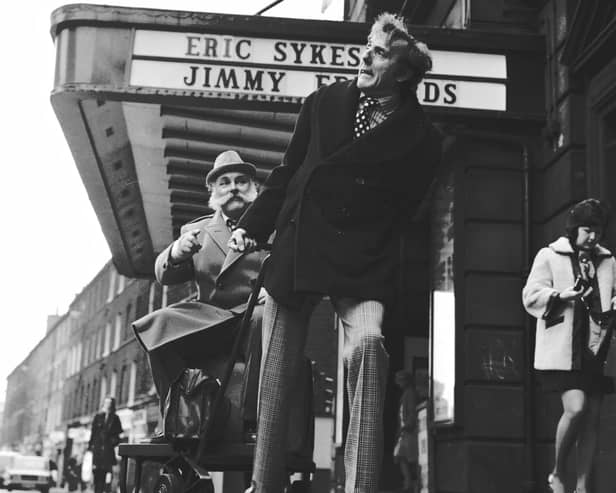 Actors and comedians Eric Sykes and Jimmy Edwards outside the King's Theatre, Edinburgh for Big Bad Mouse in February 1973.
