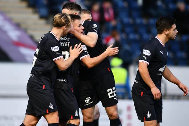 Falkirk's Kai Kennedy is mobbed after scoring Bairns' goal in 1-1 draw against Airdrieonians on December 3, the sides' last meeting at Falkirk Stadium