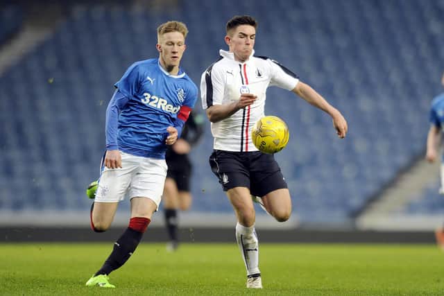 Ross McCrorie and Kevin O'Hara in the Scottish Youth Cup 2016-17. The striker scored for Falkirk in the game, but was denied in the first team