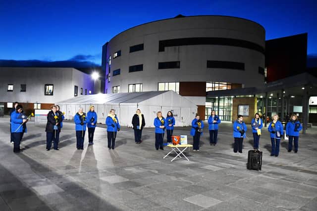 Forth Valley Nurses Choir singing the Ukrainian National Anthem offering support, thoughts and prayers to the people of Ukraine. Pics: Michael Gillen
