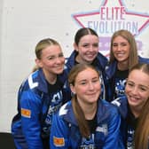 Elite Evolution Dance and Cheer who were with Team Scotland in Florida, back row Betha MacGuire, youth team; Emma Crawford, senior team; Vikki Hogg, coach, and Amanda Grant, senior team. Front row Katie Guyan, youth team, and Sophie Gall, youth team. Pic: Michael Gillen