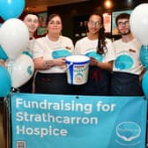 The team at Costa Coffee in Central Retail Park were fundraising for Strathcarron at the weekend.  Pictured from left, Jack Waddell, trainee manager; Dana Beveridge, barista maestro; Rachel Morton, barista and Kyle Chrysanthous, barista maestro.  (Picture: Michael Gillen)