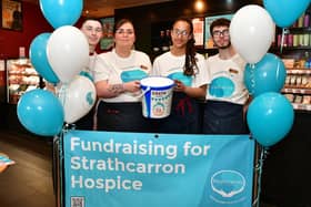 The team at Costa Coffee in Central Retail Park were fundraising for Strathcarron at the weekend.  Pictured from left, Jack Waddell, trainee manager; Dana Beveridge, barista maestro; Rachel Morton, barista and Kyle Chrysanthous, barista maestro.  (Picture: Michael Gillen)