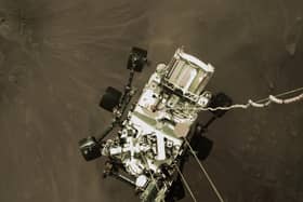 NASA handout photo of the Mars Perseverance rover moments before it touched down on the red planet.