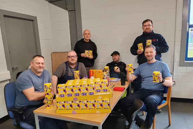 Grangemouth dockers with just some of the 300 chocolate eggs they donated to the Inchyra park Easter Egg Hunt event
(Picture: Submitted)