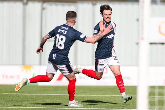 Falkirk's Ethan Ross (R) celebrates after scoring to make it 4-0 (Photo by Roddy Scott / SNS Group)