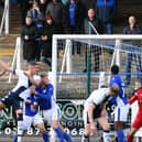 Tom Lang heads in the opener for Falkirk at Queen of the South (Pics by Michael Gillen)