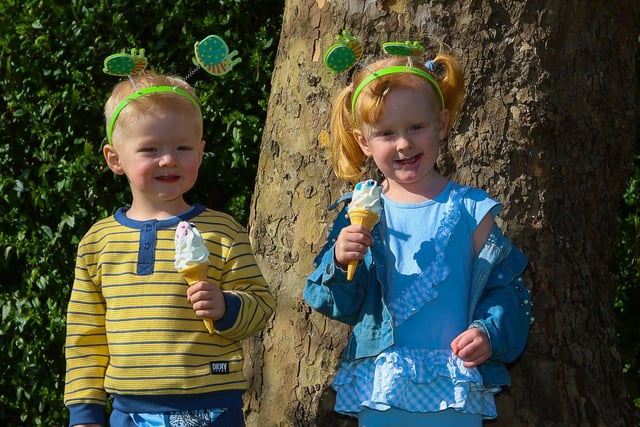 Easter egg hunters Karson, 3, and Olivia, 4, take a well deserved break from their extensive search of Inchyra Park