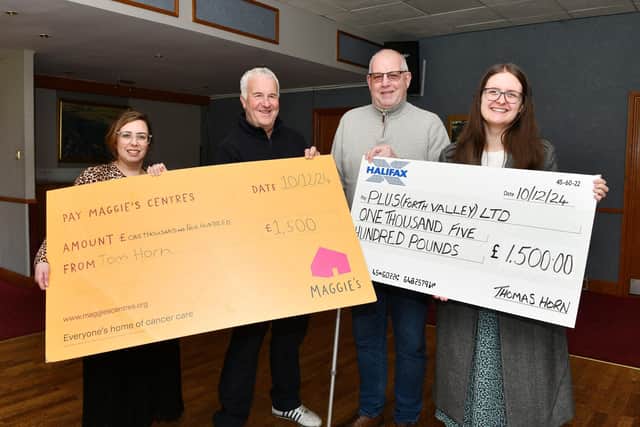 Tom Horn, second right hands over cheques to Lorna Keddie, Maggie's Forth Valley, and Sarah Nobel, Plus Forth Valley watched b Stephen Bulloch of Bonnybridge Golf Club. Pic: Michael Gillen