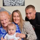 The arrival of Devin Balloch, 8.5 months, marks the start of the family's fifth generation.  Pictured are Great Great Gran Irene Bryson, 89; Great Grandfather Derek Bryson, 68; Gran Diane Balloch, 49 and Dad Ryan Balloch, 22 with Devin.  (Pic: Michael Gillen)