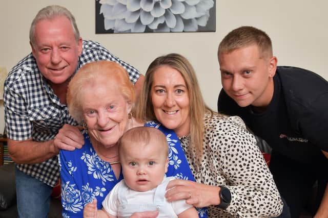 The arrival of Devin Balloch, 8.5 months, marks the start of the family's fifth generation.  Pictured are Great Great Gran Irene Bryson, 89; Great Grandfather Derek Bryson, 68; Gran Diane Balloch, 49 and Dad Ryan Balloch, 22 with Devin.  (Pic: Michael Gillen)