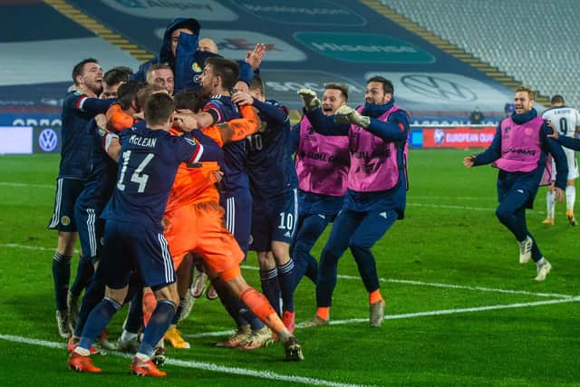 BELGRADE, SERBIA - NOVEMBER 12: Scotland's players celebrate after David Marshall saves Aleksandar Mitrović's penalty during the UEFA Euro 2020 Qualifier between Serbia and Scotland at the Stadion Rajko Mitic on November 12, 2020, in Belgrade, Serbia. (Photo by Nikola Krstic / SNS Group)