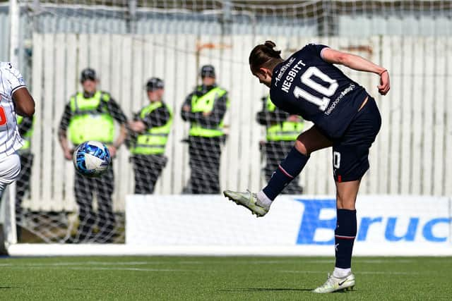 08-04-2023. Picture Michael Gillen. FALKIRK. Falkirk Stadium. Falkirk FC v Dunfermline Athletic FC. Season 2022 - 2023. Matchday 32. SPFL cinch League One. Goal Falkirk Aidan Nesbitt 10.