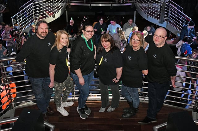 Awakening disability club night organisers Neil Kilgour, Jill Donoghue, Norah McGowan, Maureen Kilgour, Oonagh Sear and David Irvine at City Nightclub, Falkirk. Picture taken in 2020. Credit: Michael Gillen.