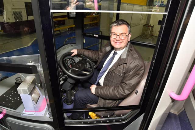 UK Government Minister Iain Stewart in the driving seat during a visit to Alexander Dennis Ltd's Camelon factory. Picture: Lisa Evans