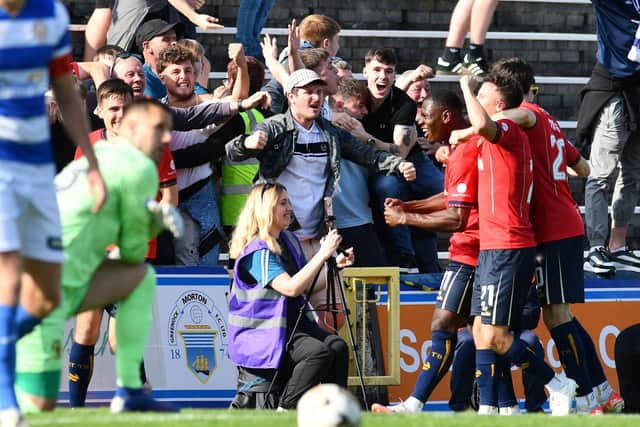 Alfredo Agyeman celebrates scoring the Bairns' winner against Greenock Morton (Photo: Michael Gillen)