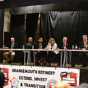 Candidates, left to right: Kenny MacAskill, Alba; Tom Flanagan, Workers Party of Britain; Rachel Nunn, Conservative and Unionist Party was represented by James Bundy, Conservative and Unionist Party Falkirk candidate; Eva Comrie, Independent; Brian Leishman, Labour Party; John Nicolson, SNP and Nariese Whyte, Scottish Green Party, with Chris Hamilton, a Unite refinery shop steward making the opening remarks. Pic: Michael Gillen