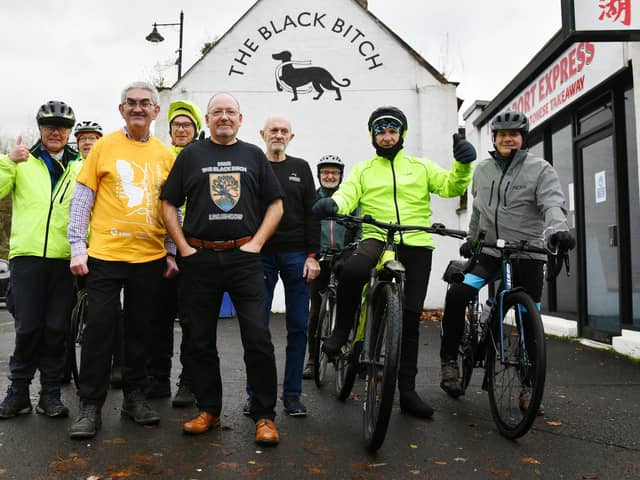 08-12-2021. Picture Michael Gillen.  Pictured: Some Cycling Touring Club Edinburgh members lend their support to Save The Black Bitch.