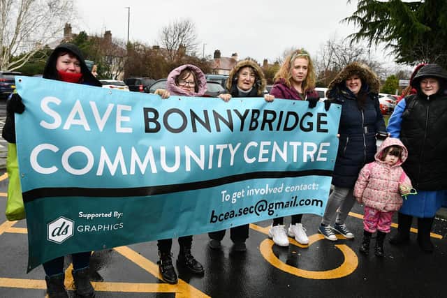 Protesters make their feelings clear about Bonnybridge Community Centre outside a recent council meeting in Grangemouth. Pic: Michael Gillen