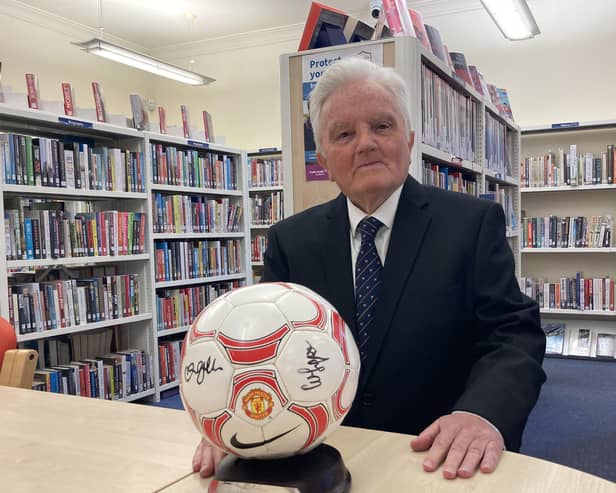 Baillie Billy Buchanan with Manchester United ball, signed by Alex Ferguson and David Beckham. Picture: Contributed