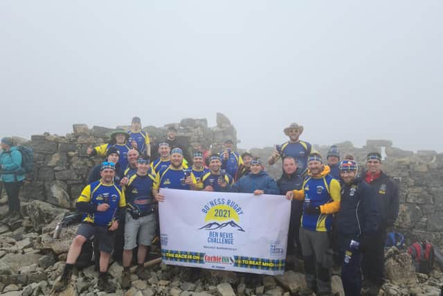 The fundraisers from Bo'ness Rugby Club at the top of Ben Nevis