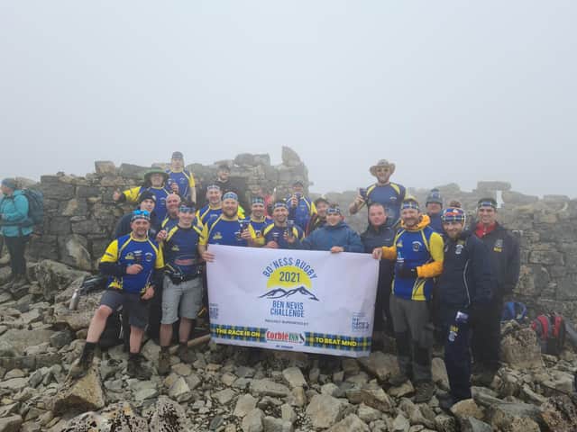 The fundraisers from Bo'ness Rugby Club at the top of Ben Nevis