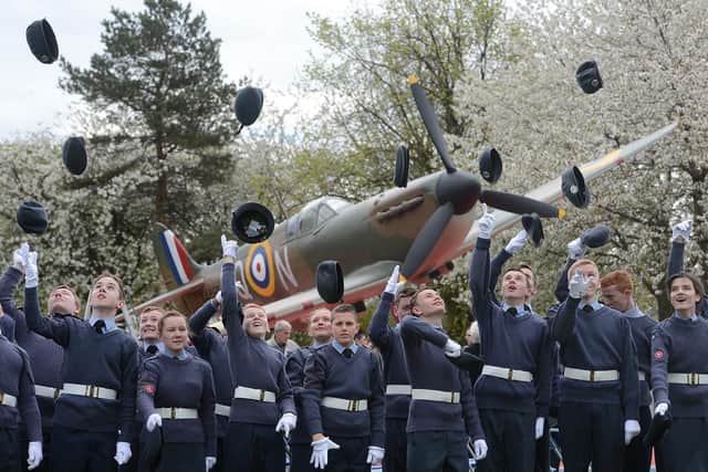 Members of the 1333 Grangemouth air cadet squadron celebrate the unveiling of the Spitfire in 2013.  (Pic: Neil Hanna)