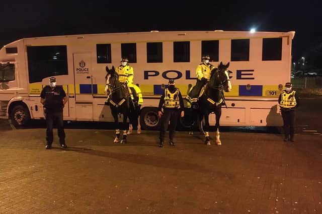 Police mounted officers join Grangemouth Community Team to patrol Zetland Park (Image courtesy of Police Scotland)
