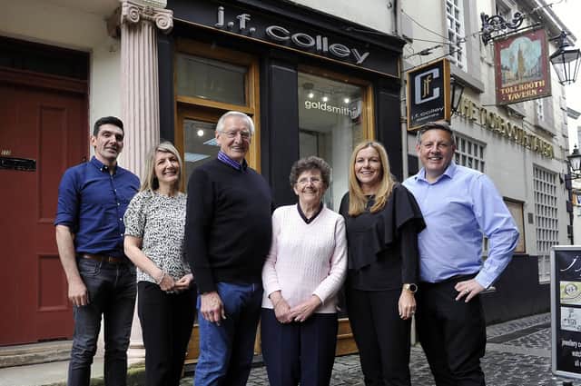 Falkirk firm JF Colley Goldsmiths is celebrating its 40th year in business. Pictured are the family: owner Gordon Colley; server Fiona Dawson; dad Jim Colley; mum Rae Colley; server Pamela Allison; and owner Stephen Colley. Picture: Michael Gillen.