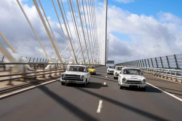 Cars crossed Queensferry Crossing before taking centre stage at Knockhill.