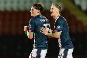 Falkirk goalscorer Barney Stewart and his team-mate Tom Lang celebrate after the 3-0 William Hill Championship victory over Airdrieonians on Tuesday evening (Photo: Craig Foy/SNS Group)