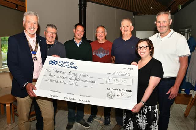 Larbert and Falkirk 41 Club present £7500 to Maggie's Forth Valley with chairman Les Baird handing over the cheque over to Lorna Keddie, centre fundraising organiser as other members look on. Pic: Michael Gillen