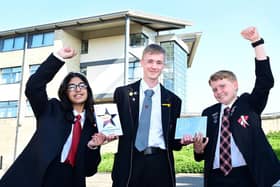 Braes High pupils Shafa Mohammad (S3), Colin Morrison (S5) and Douglas MacPherson (S4) celebrate the big win 
(Picture: Submitted by Falkirk Council)