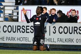 12-11-2022. Picture Michael Gillen. FALKIRK. Falkirk Stadium. Falkirk FC v FC Edinburgh. Season 2022 - 2023. Matchday 15. SPFL cinch League One. Falkirk goal, Ola Lawal 21.